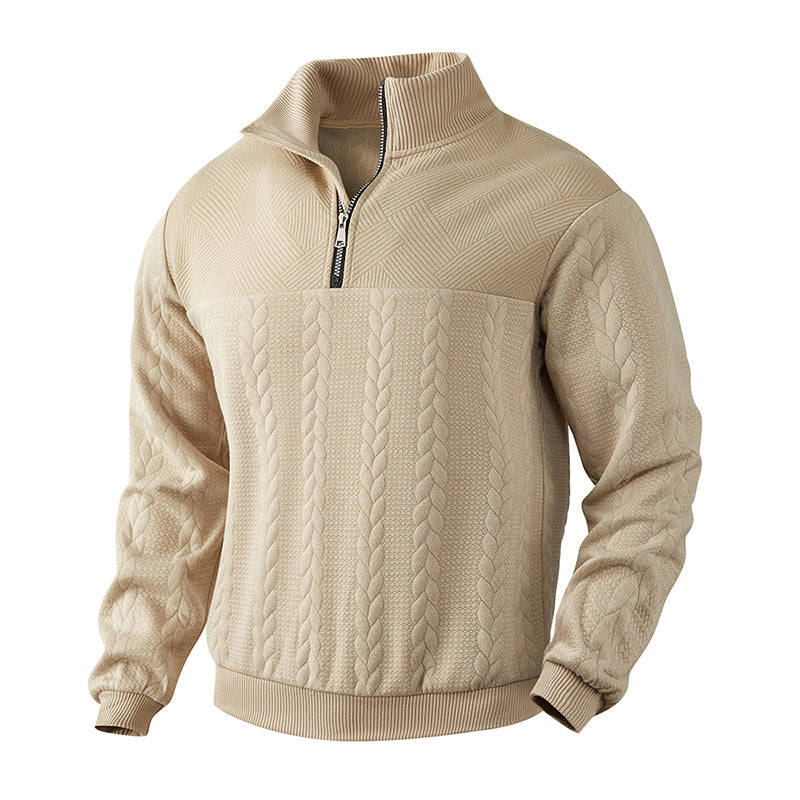 Men's Half-Zip Cable Knit Sweater | Wool-Blend Ribbed Pullover - Beige