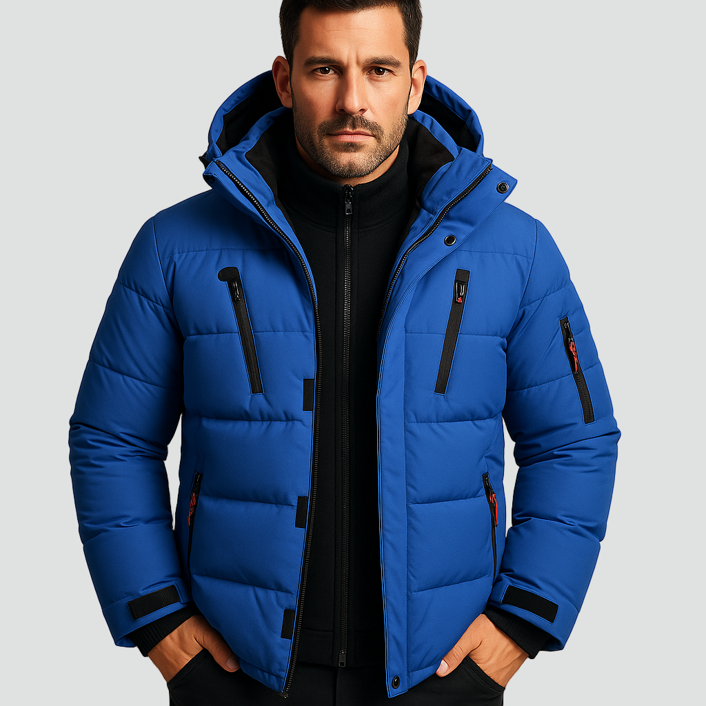 Men's Hooded Puffer Jacket - Blue