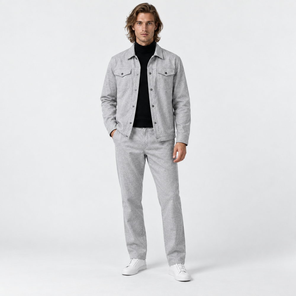 Men's Knit Jacket and Pants Set - Light Grey - on model