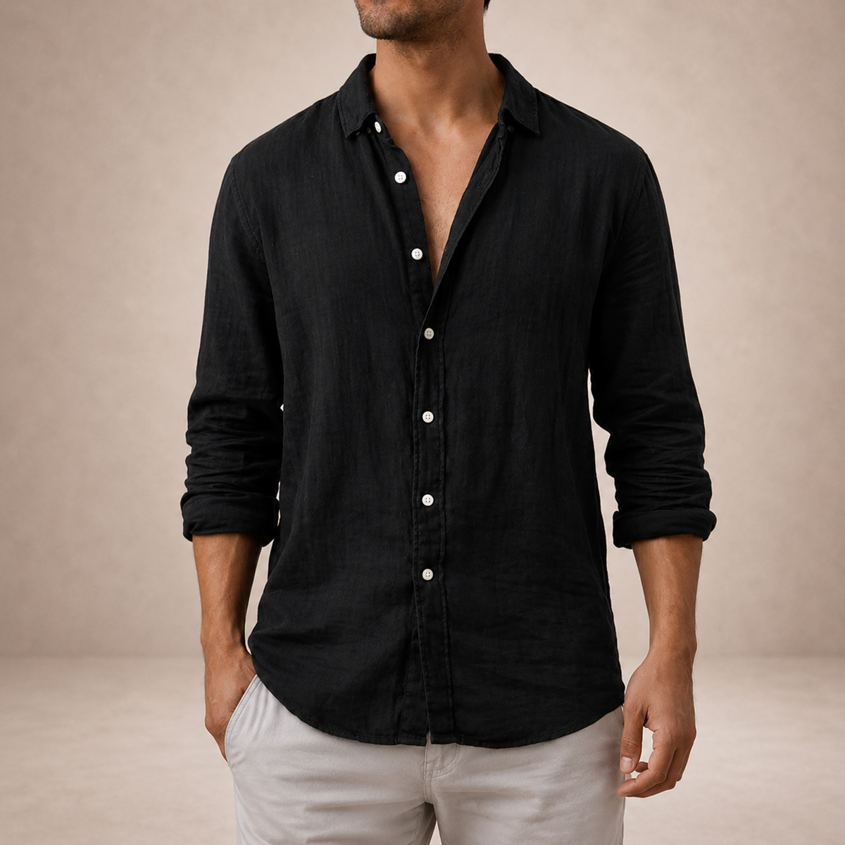 Men's Linen Button-Down Shirt - Black