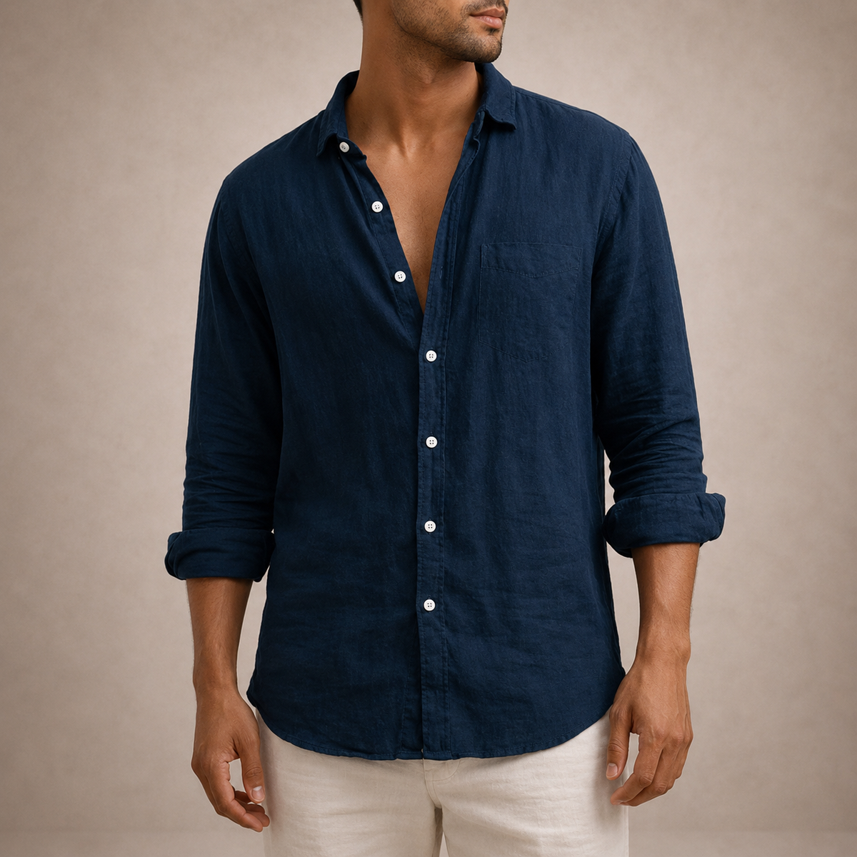 Men's Linen Button-Down Shirt - Navy
