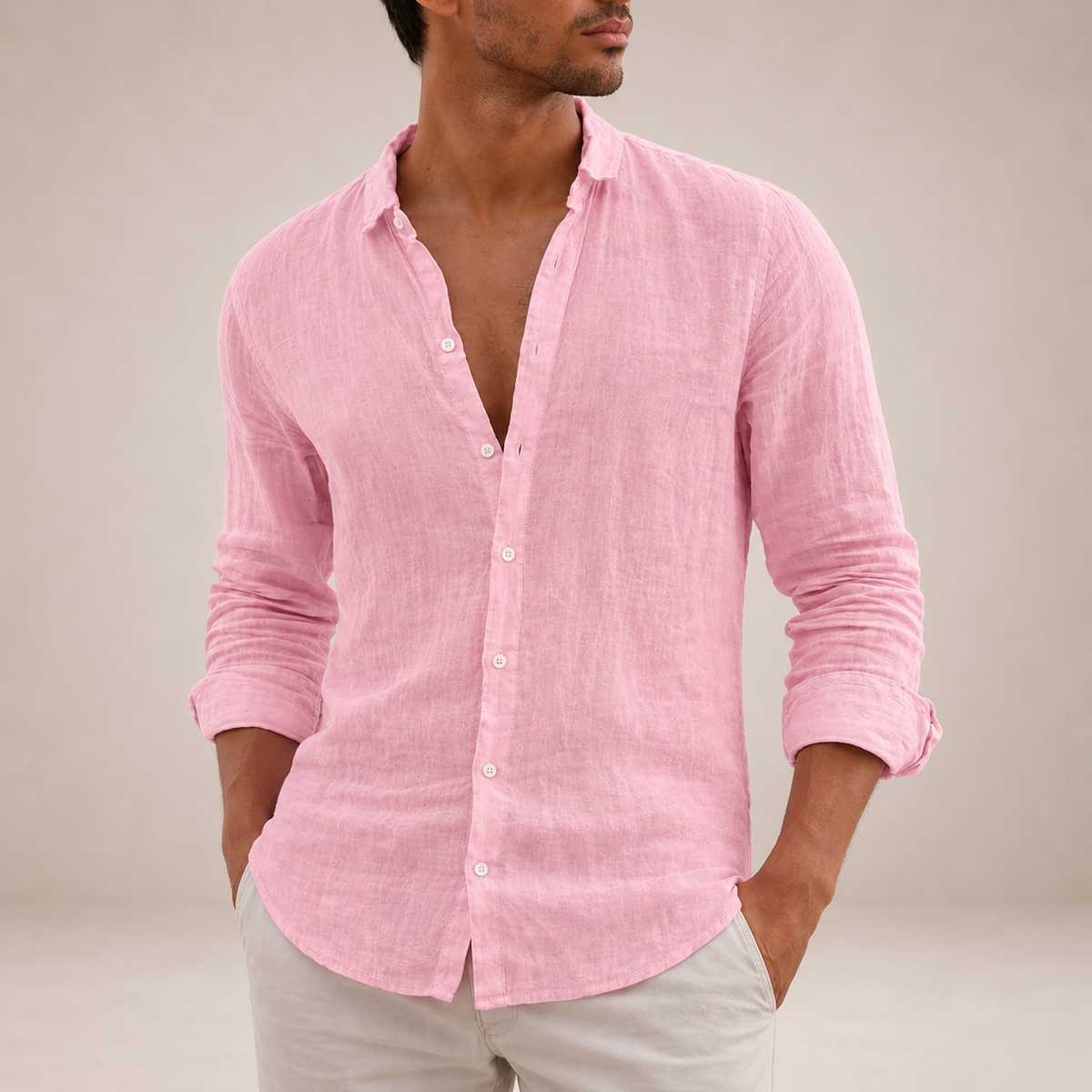 Men's Linen Button-Down Shirt - Pink