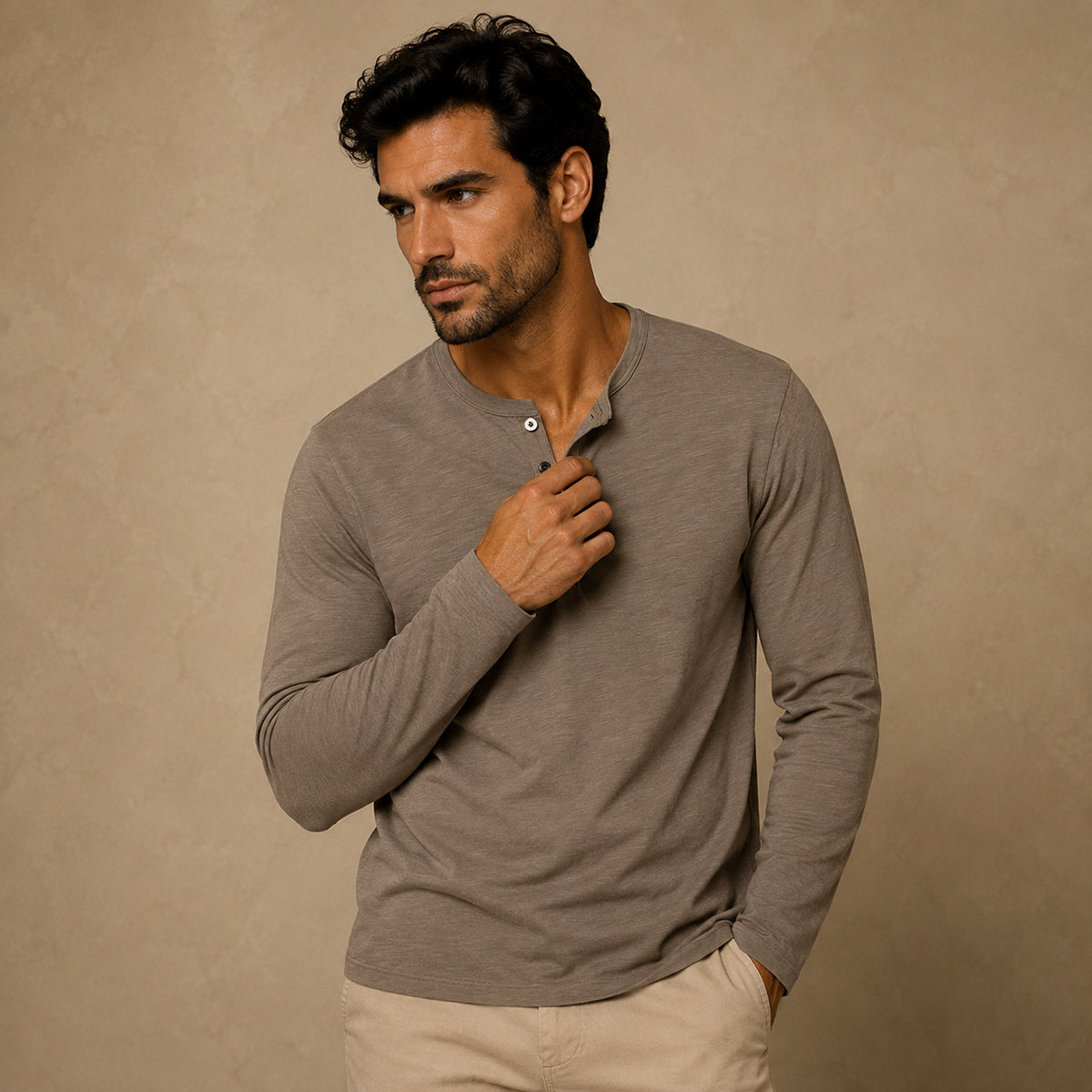 Long sleeve cotton polo shirt in Khaki
