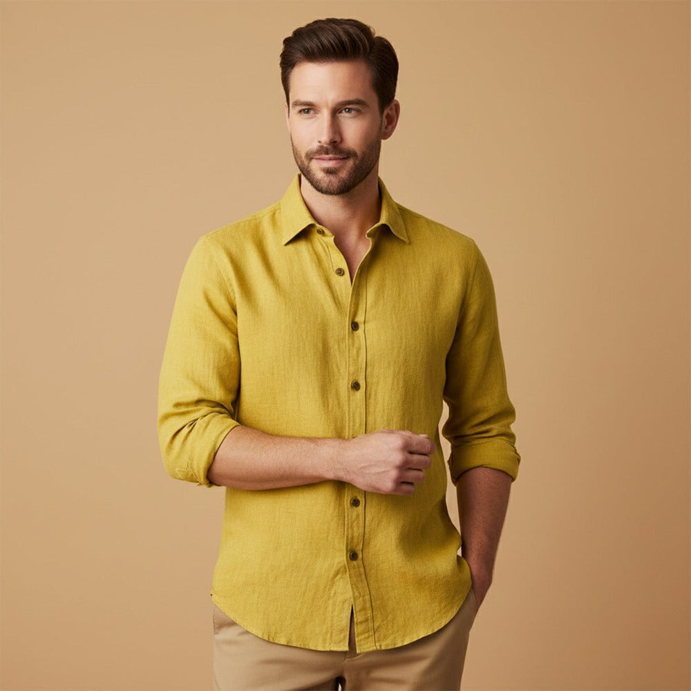 Men's Long Sleeve Linen Button-Up Shirt - folded