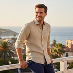 Men's Long Sleeve Linen Button-Up Shirt - Khaki - on model