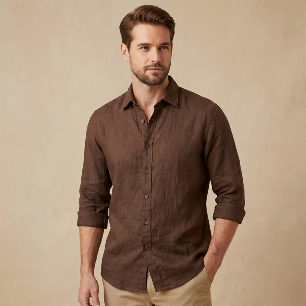Men's Long Sleeve Linen Button-Up Shirt - Brown - on model