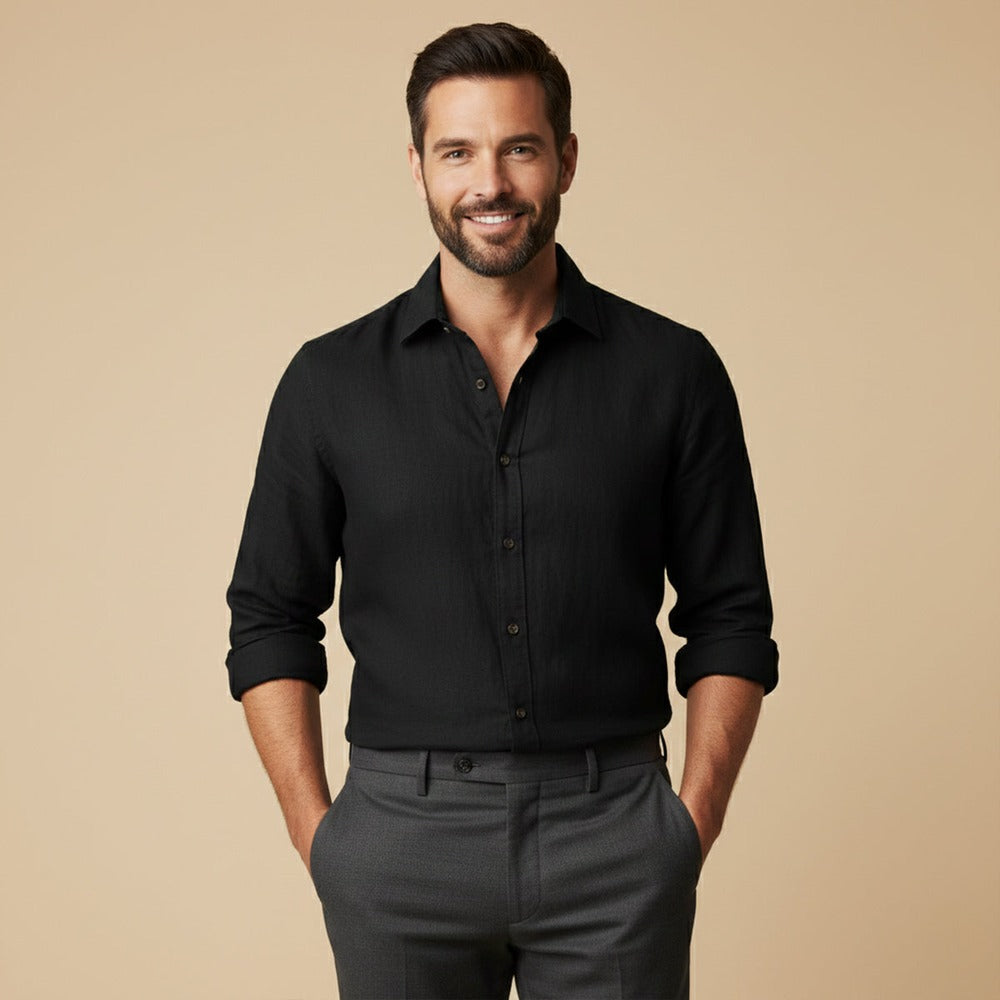 Men's Long Sleeve Linen Button-Up Shirt - Black - on model