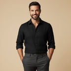 Men's Long Sleeve Linen Button-Up Shirt - Black - on model