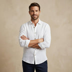 Men's Long Sleeve Linen Button-Up Shirt - White - on model