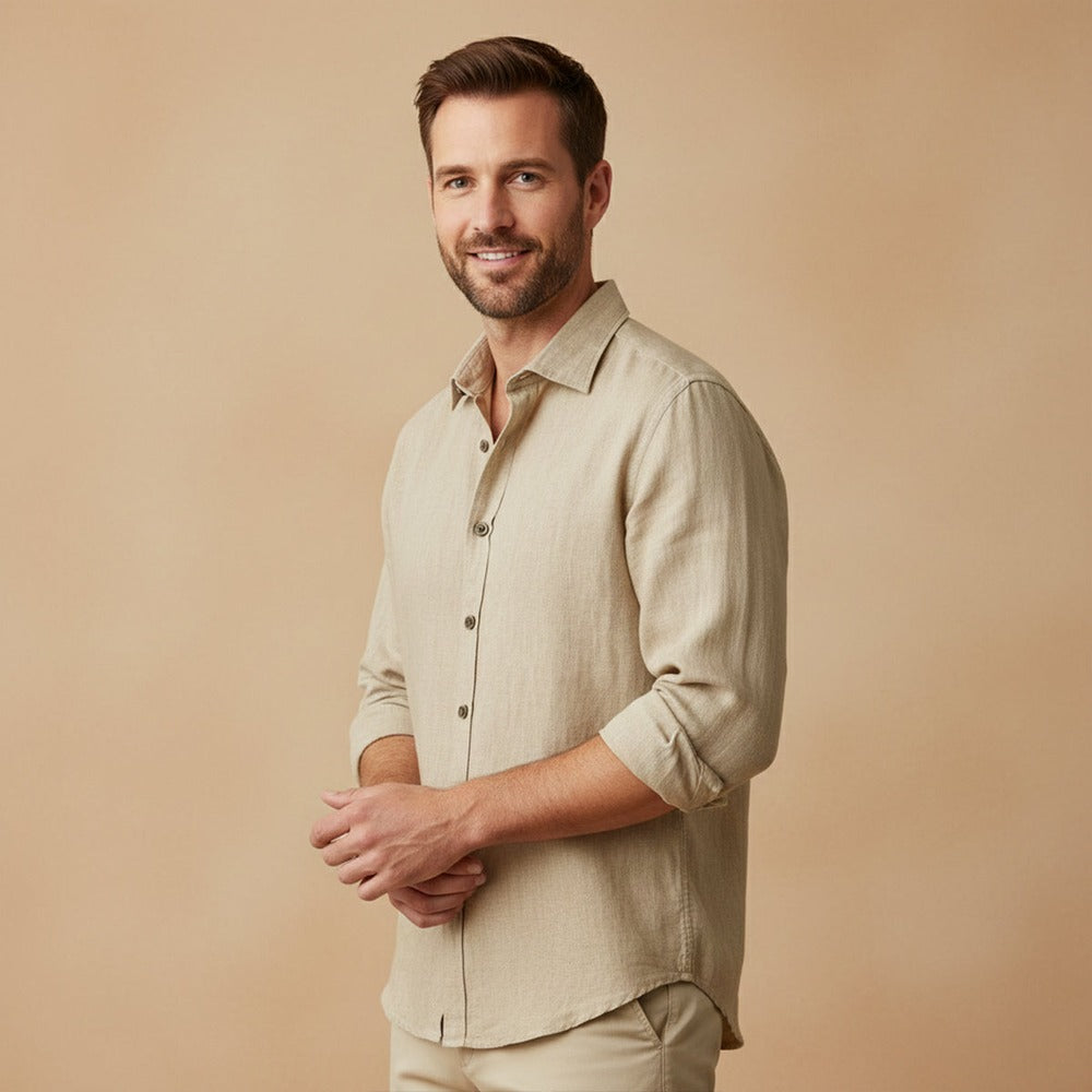 Men's Long Sleeve Linen Button-Up Shirt - Yellow - on model