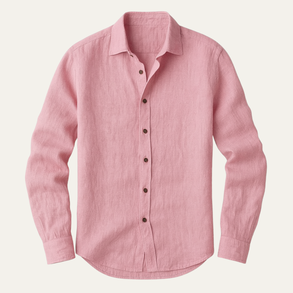 Men's Long Sleeve Linen Button-Up Shirt - Pink