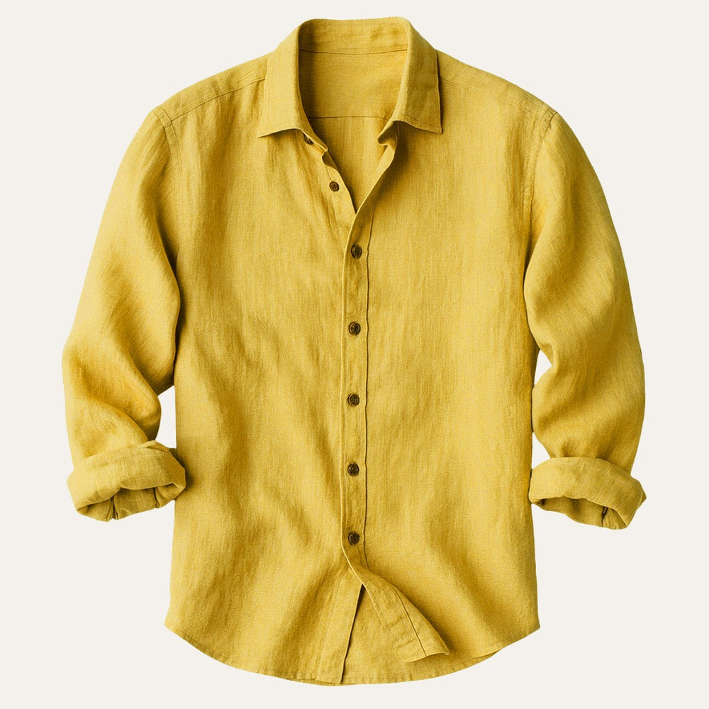 Men's Long Sleeve Linen Button-Up Shirt - Yellow - on model