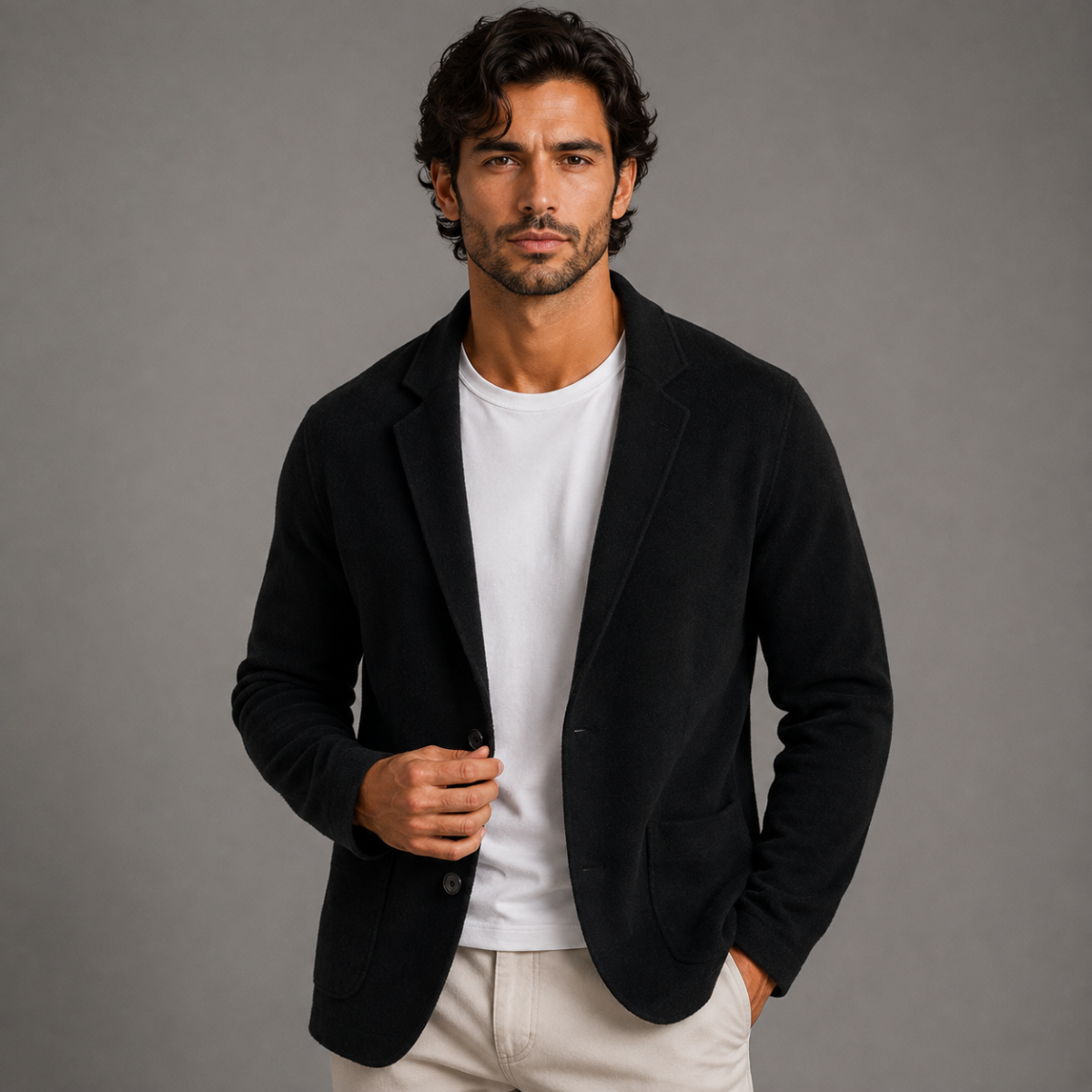 Men's Merino Wool Notch Collar Cardigan - Black