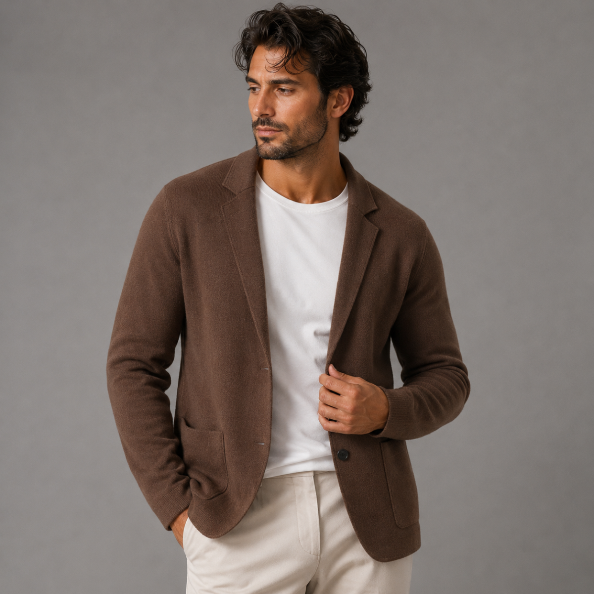 Men's Merino Wool Notch Collar Cardigan - Brown
