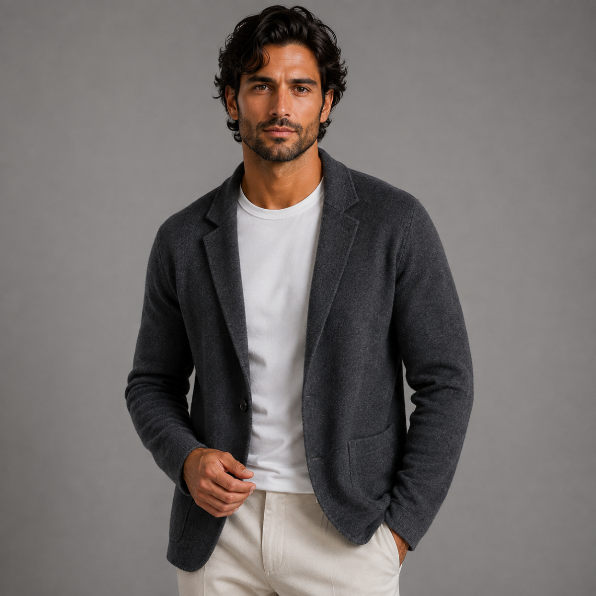 Men's Merino Wool Notch Collar Cardigan - Dark Grey