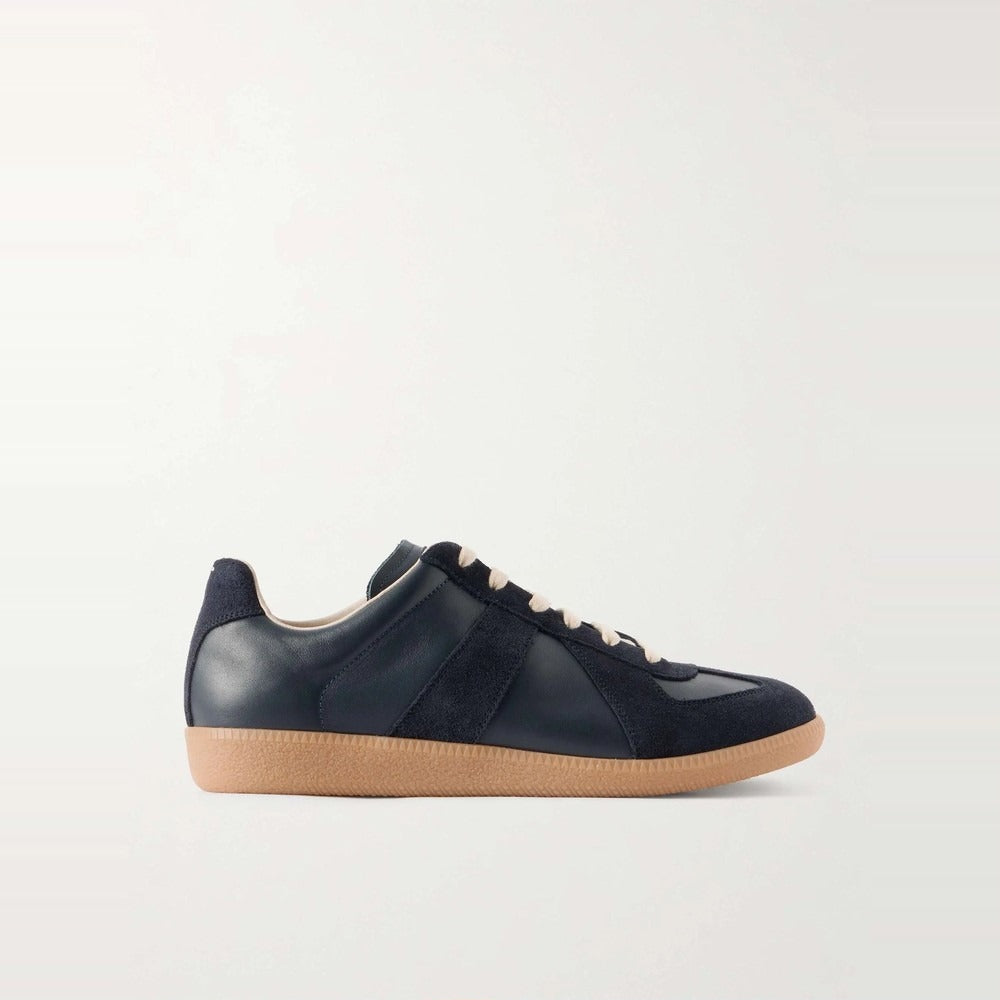 Men's Navy Leather and Suede Low-Top Sneakers