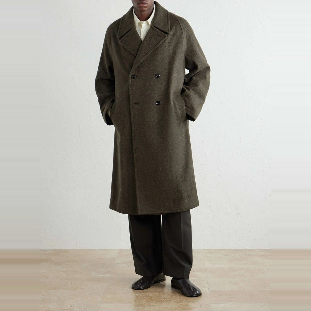 Men's Olive Double-Breasted Wool-Blend Overcoat - on model