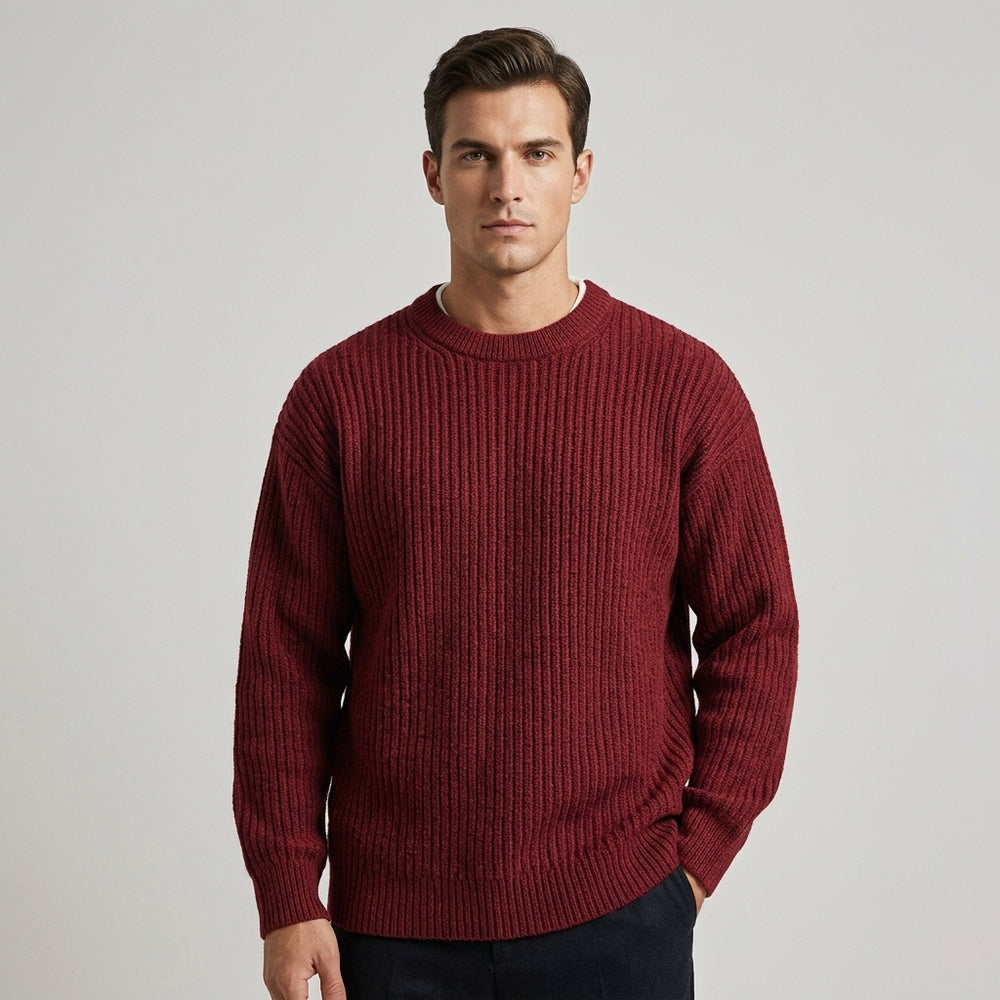 Men's Oversized Ribbed Knit Crewneck Pullover - Maroon - front view