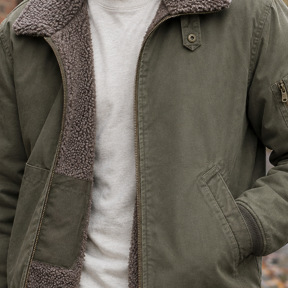 Men's Pile-Lined Pilot Jacket - Army Green - on model detail