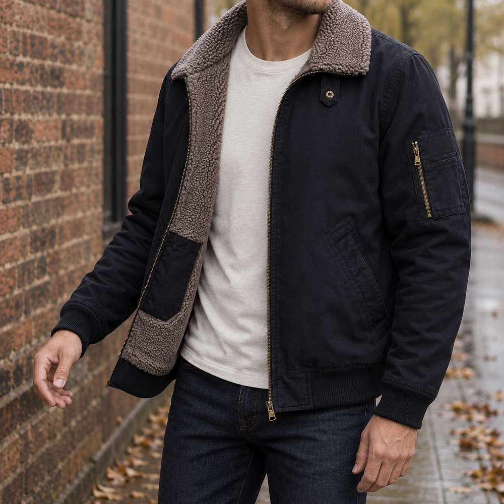 Men's Pile-Lined Pilot Jacket - Black - on model