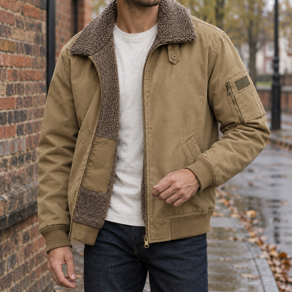Men's Pile-Lined Pilot Jacket - Khaki - on model