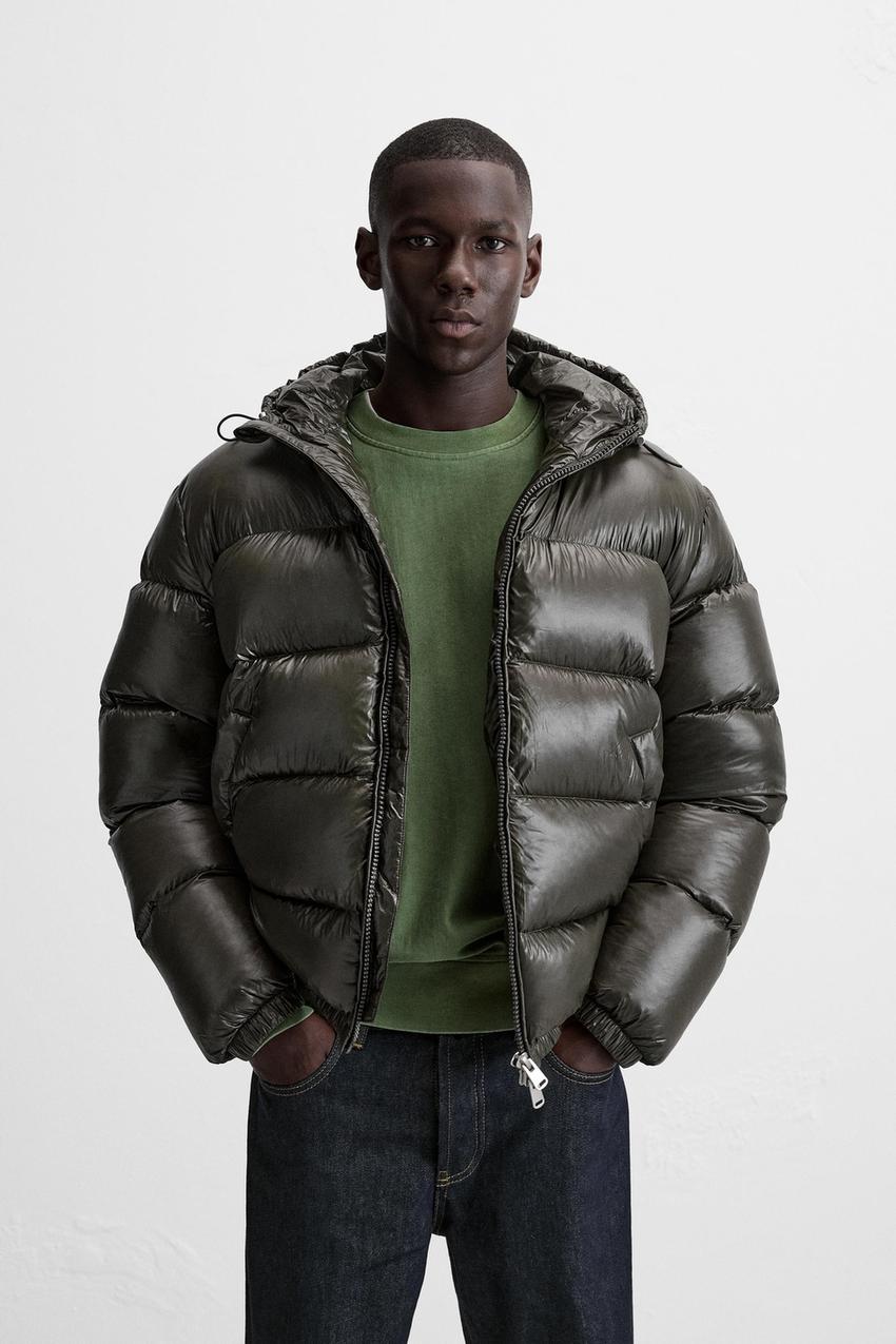 Men's green quilted puffer jacket, side view