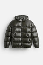 Men's green quilted puffer jacket, front detail view