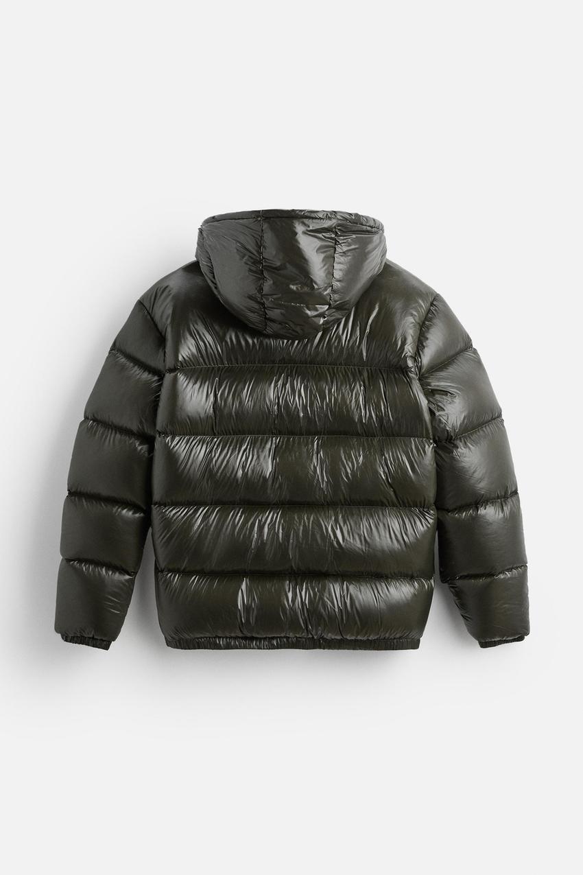 Men's green quilted puffer jacket, back view
