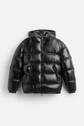 Men's black quilted puffer jacket, front view