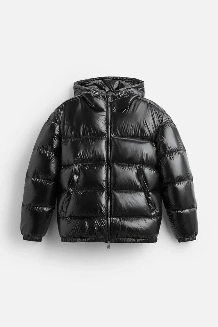 Men's black quilted puffer jacket, front view