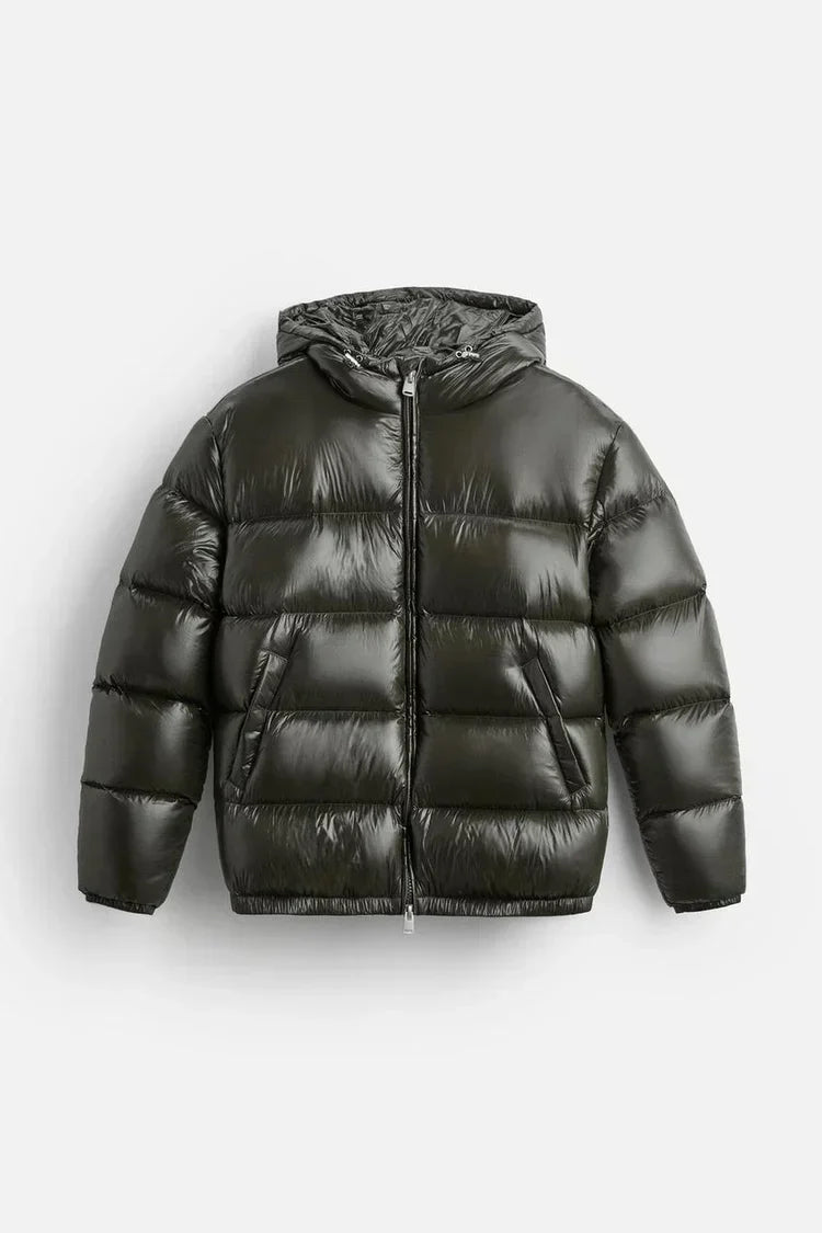 Men's green quilted puffer jacket, front view