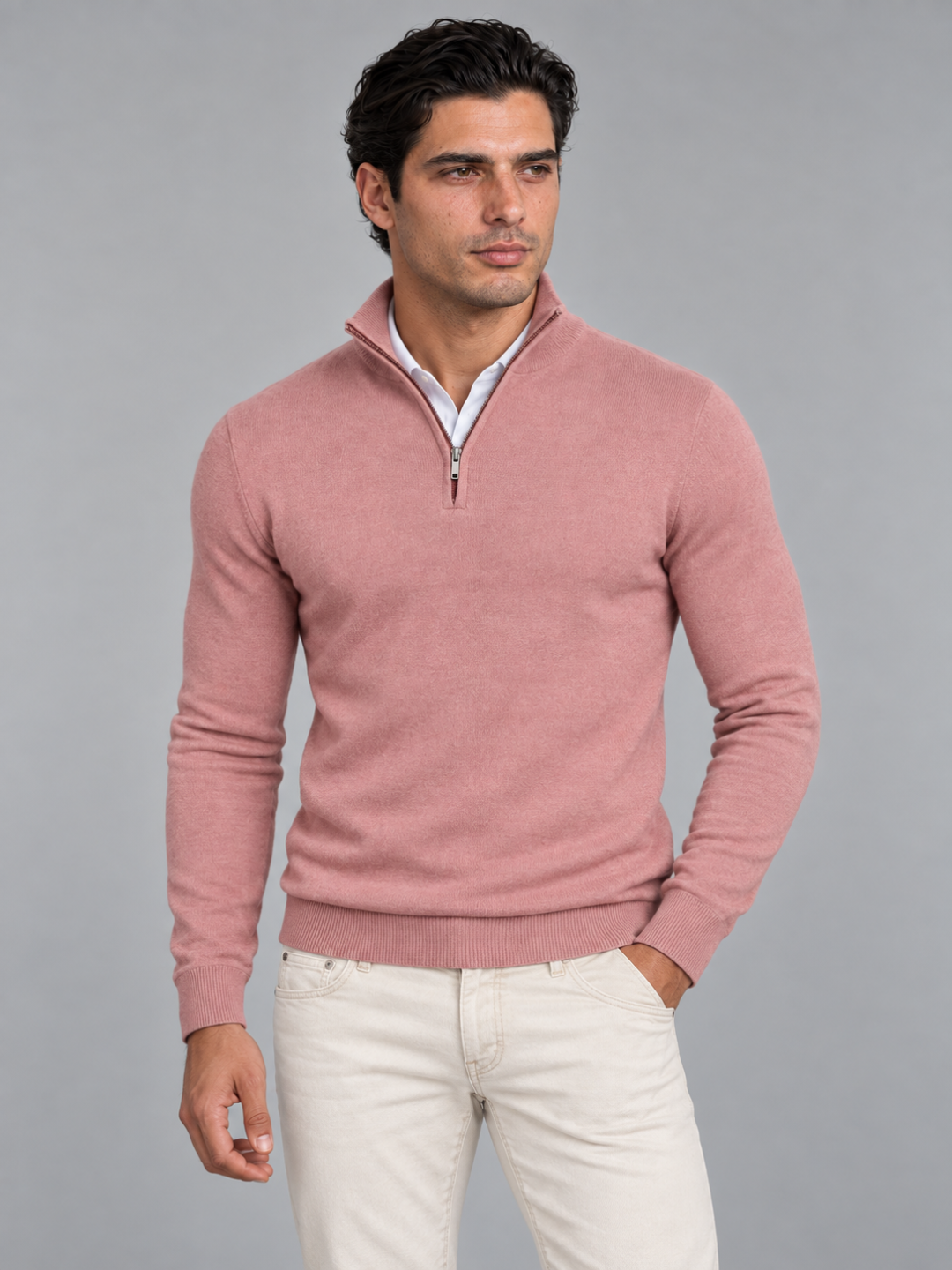 Men's Quarter-Zip Knit Pullover - Pink