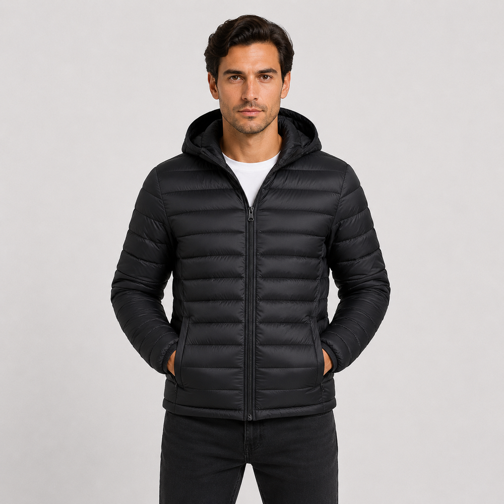 Men's Quilted Hooded Jacket - Black - on model