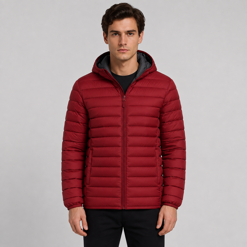 Men's Quilted Hooded Jacket - Brick Red - on model