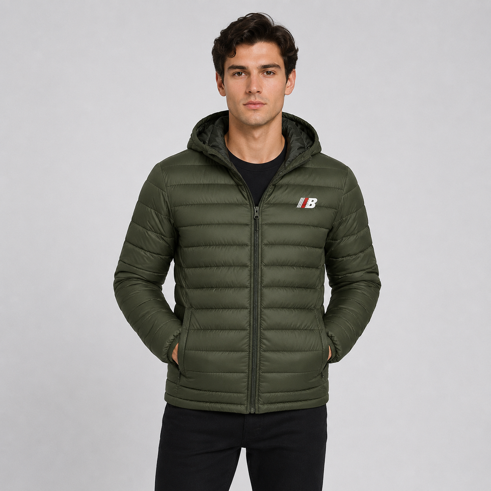 Men's Quilted Hooded Jacket - Dark Green - on model
