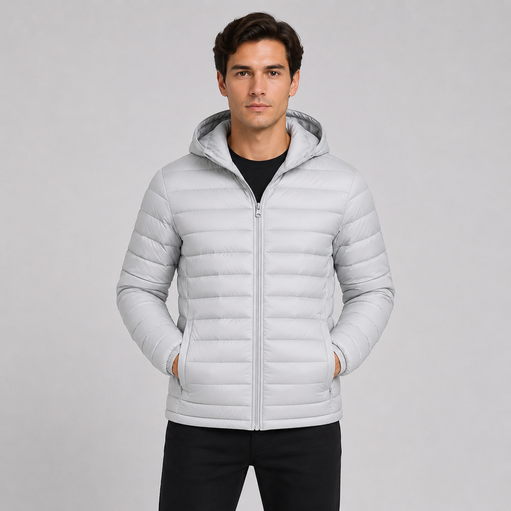Men's Quilted Hooded Jacket - Light Grey - on model