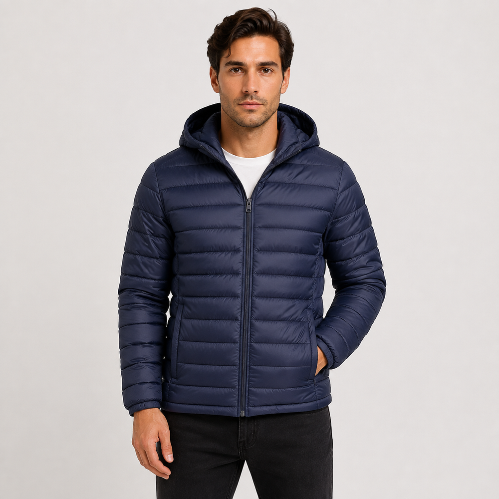 Men's Quilted Hooded Jacket - Navy Blue - on model