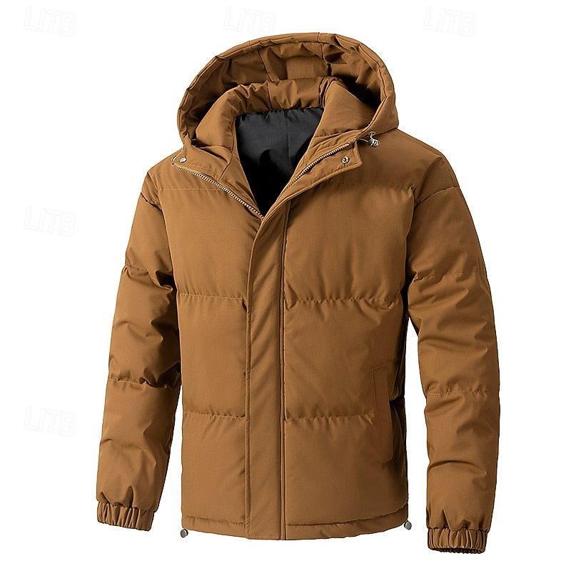Men's Quilted Hooded Jacket | Warm Winter Puffer Coat - Brown