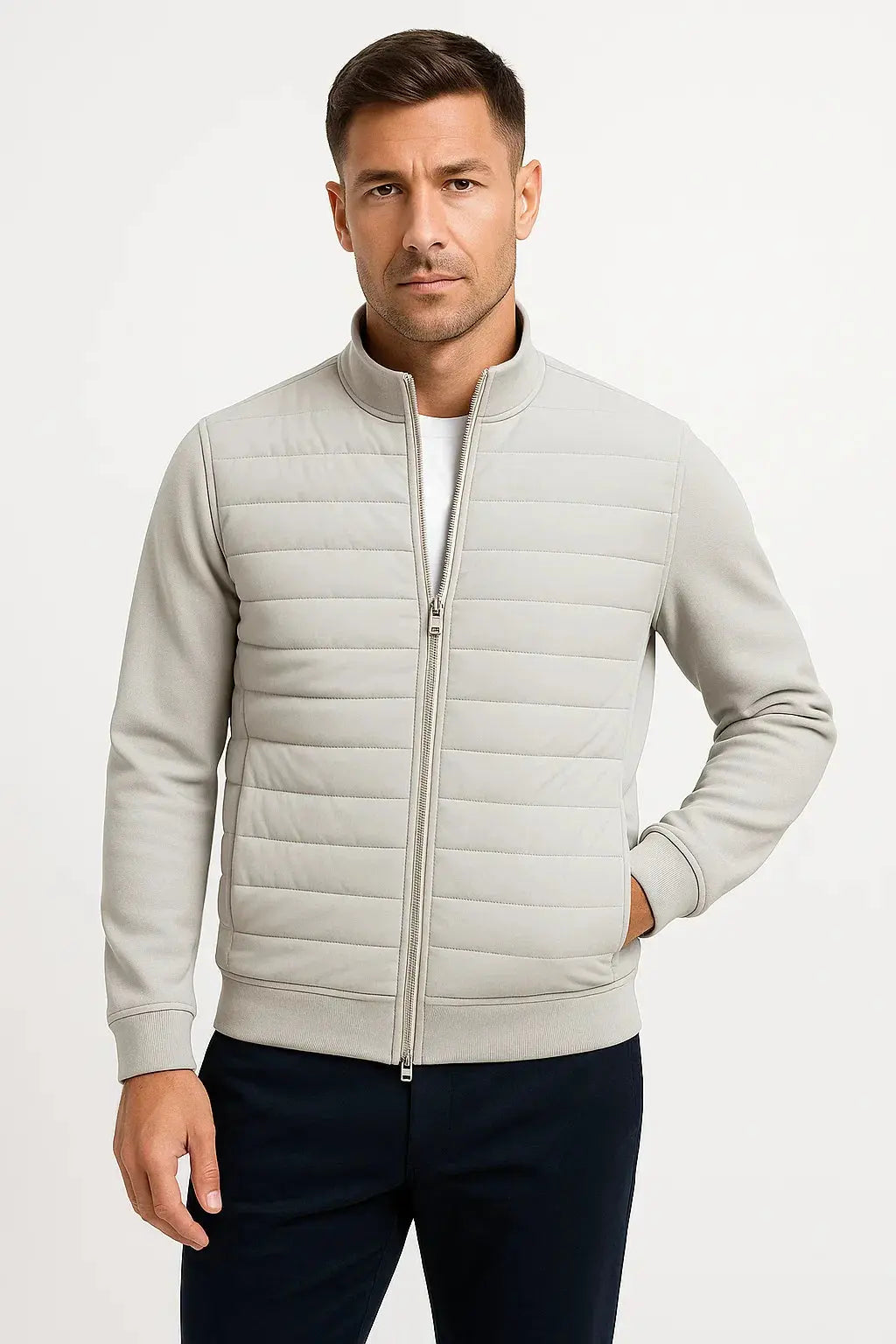 Men's Quilted Hybrid Jacket - Light Gray