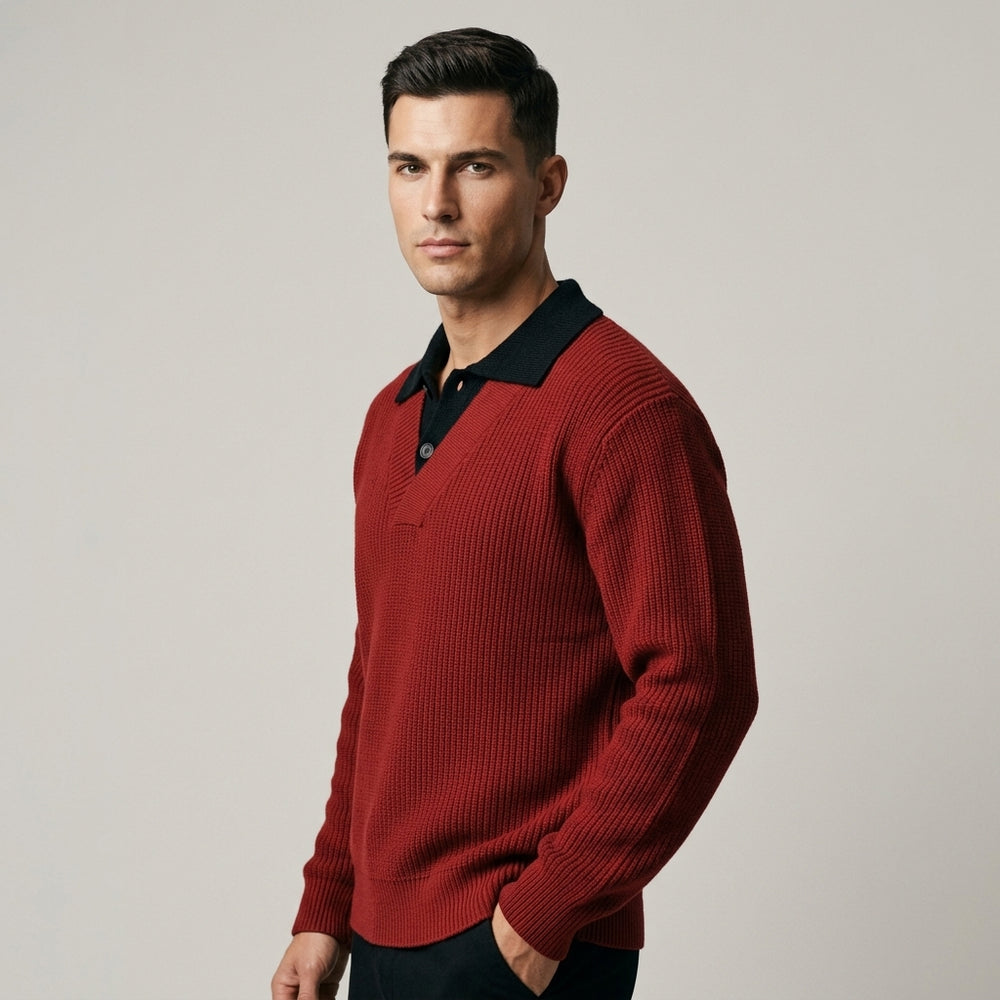 Men's Ribbed Knit Polo Sweater - Crimson - side profile