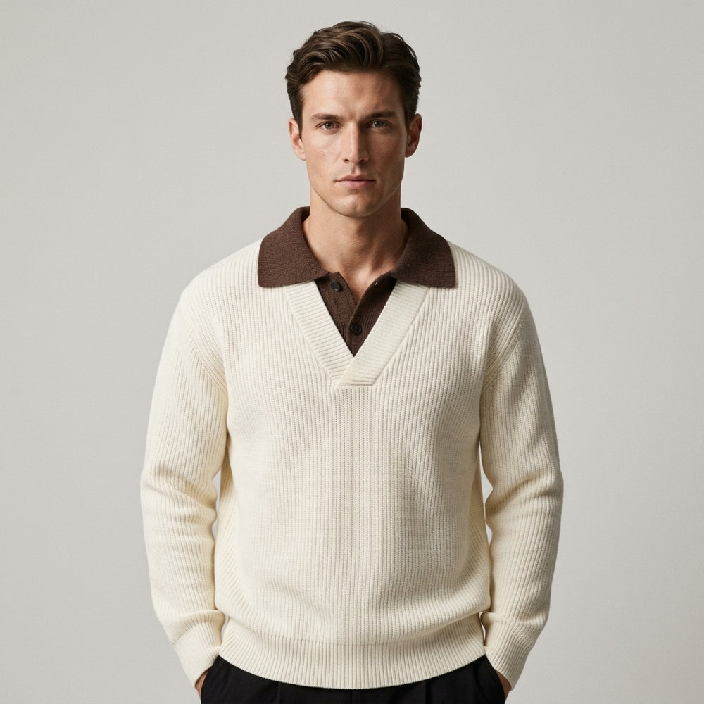 Men's Ribbed Knit Polo Sweater - Beige