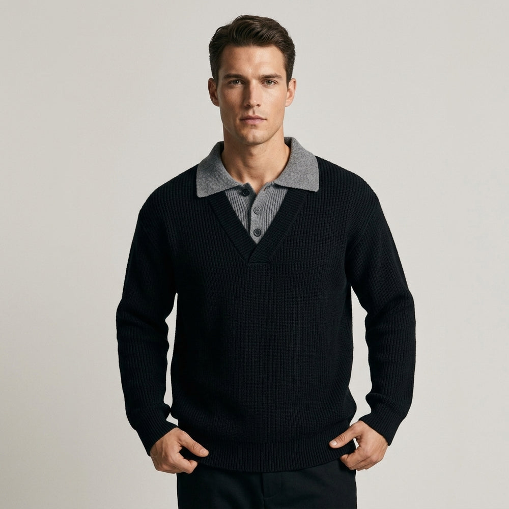 Men's Ribbed Knit Polo Sweater - Charcoal