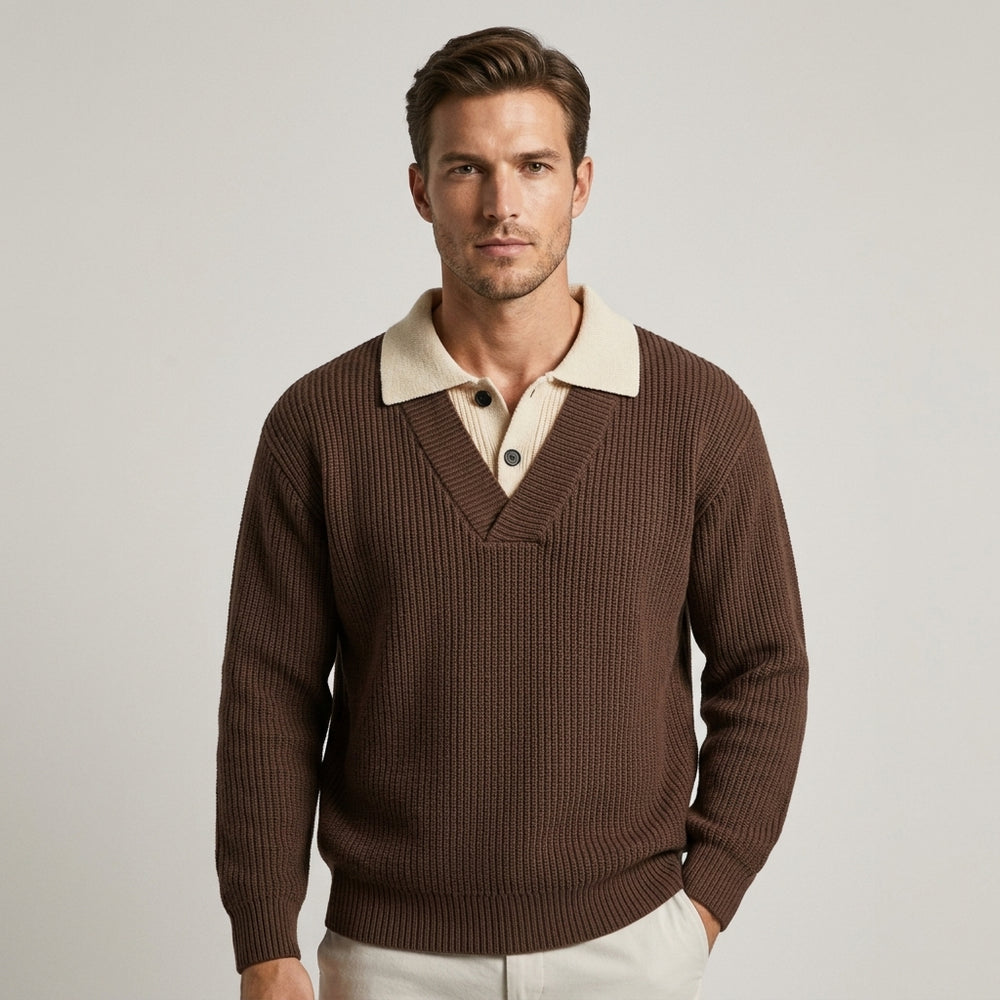 Men's Ribbed Knit Polo Sweater - Sienna Brown