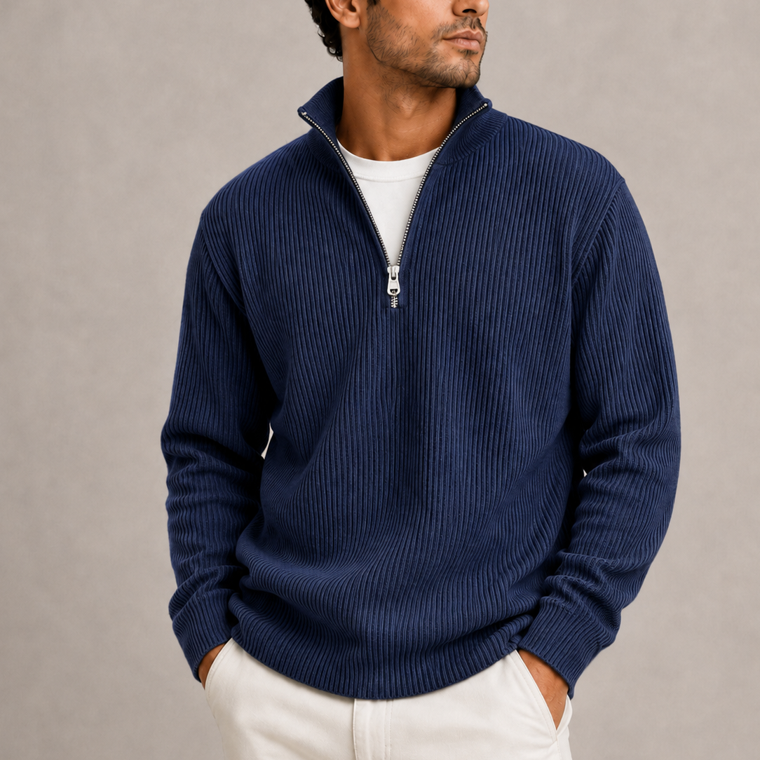 Navy - Norwick & Bell Ribbed Quarter-Zip Sweater