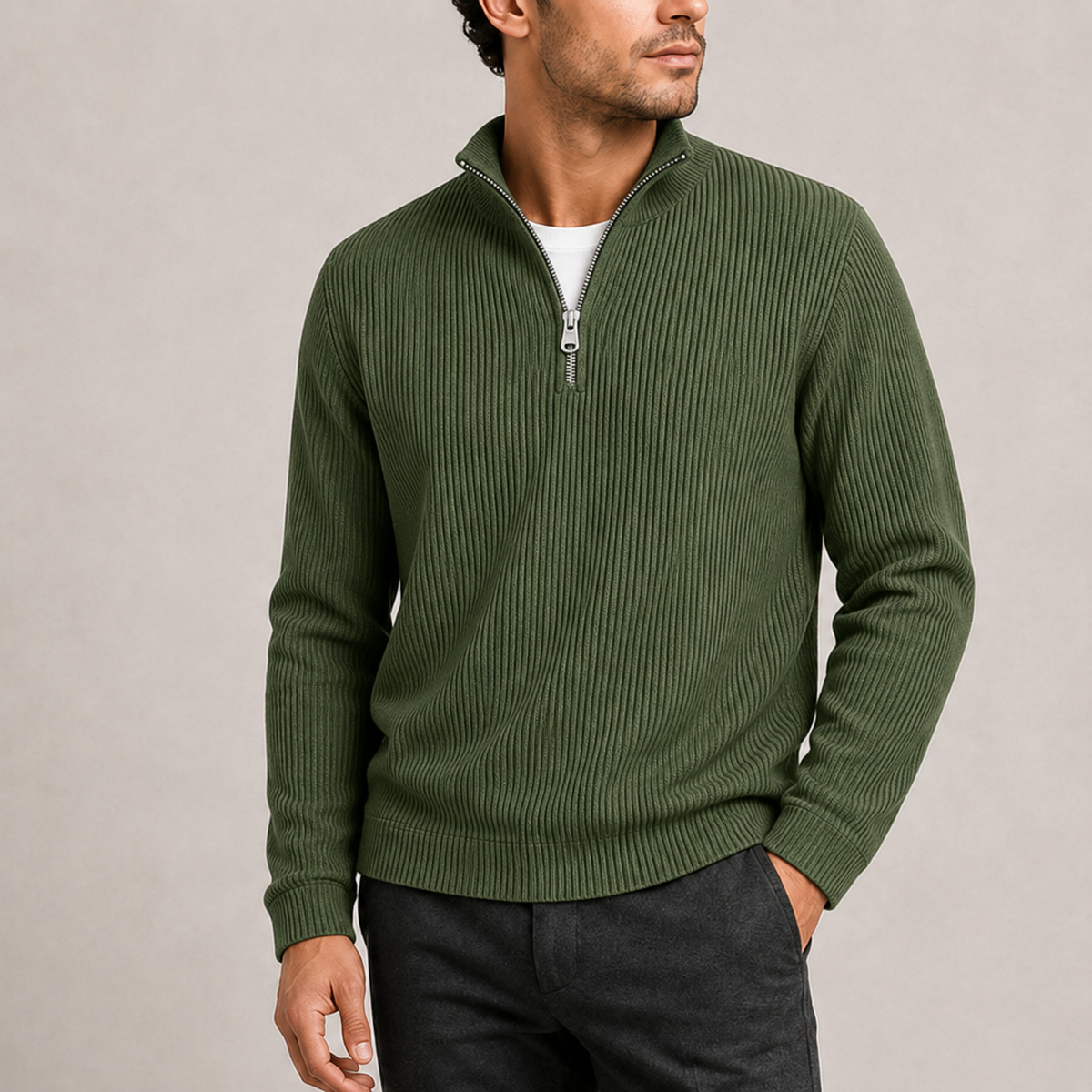 Olive Green - Norwick & Bell Ribbed Quarter-Zip Sweater