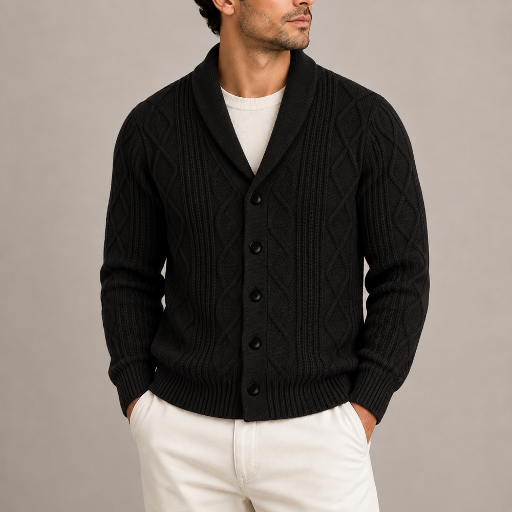 Men's Shawl Collar Cable Knit Cardigan - Black