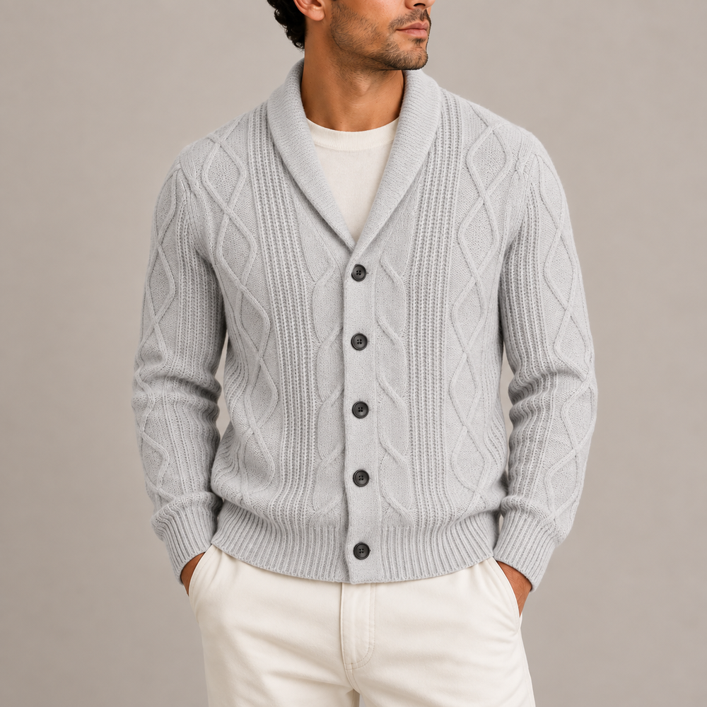 Men's Shawl Collar Cable Knit Cardigan - Light Grey