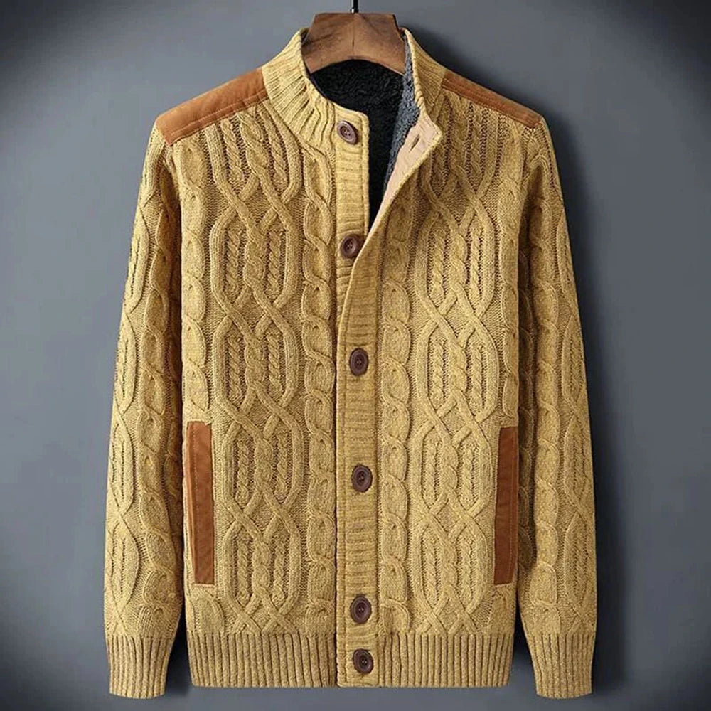 Men's Shearling-Lined Cable Knit Cardigan - Mustard Yellow