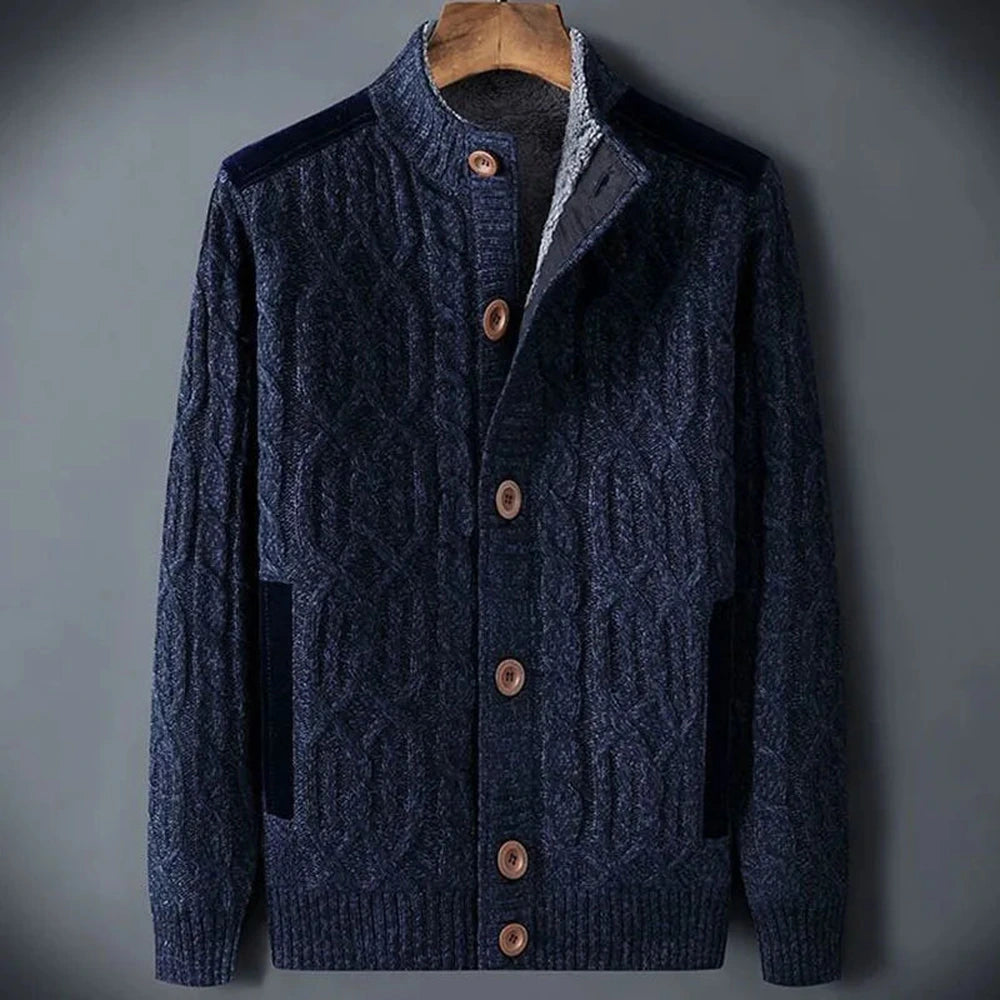 Men's Shearling-Lined Cable Knit Cardigan - Navy Blue