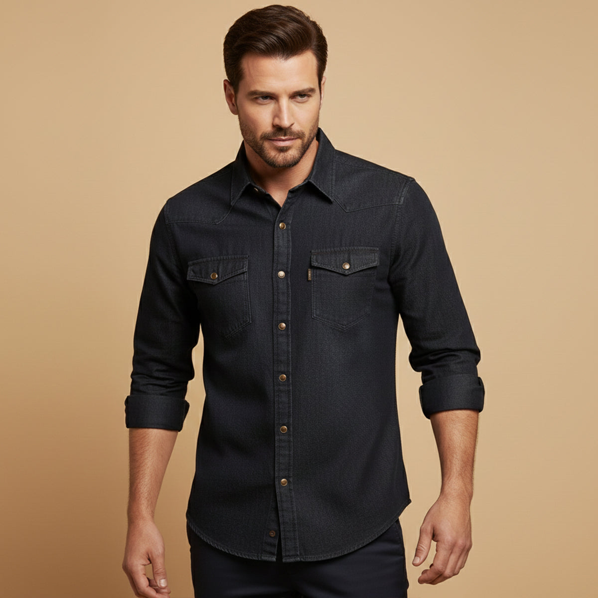 Men's denim button-down shirt, casual styling